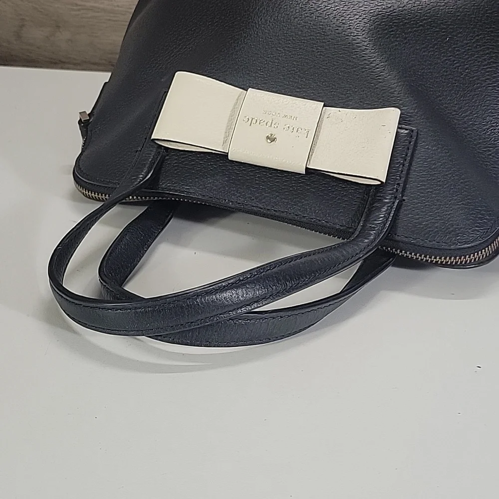 kate spade Black Leather Satchel with Ivory Bow Accent